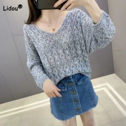 Pullovers Spring Summer Lady Loose Solid Colour Hollow Out Sexy Knit Tshirt Simplicity Allmatch Batwing Sleeve Tops Women's Clothing