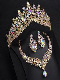 Bride Jewellery set of three simple and fresh crystal tiara crown earrings necklace wedding dress accessories. 240228