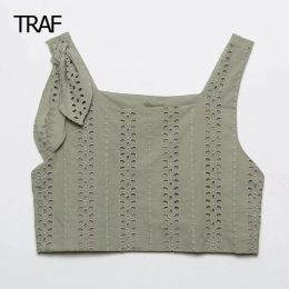 Camis TRAF Embroidered Crop Top Women Vest Spring Summer Cutwork Sleeveless Backless Slip Top Korean Style Top Elegant And Youth Tops