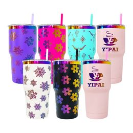 30oz holographic rainbow plated car tumbler mugs cups with colored straw and leak proof lid 2024 new style for laser engraving 25pcs/case customized gifts