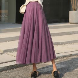 Dresses Ohryiyie Elegant Tulle Skirt Spring Summer Women Long Maxi Skirt Female Big Swing Pleated Skirt Lady Beige Party Midi Tutu Skirt