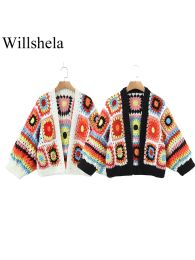 Cardigans Willshela Women Fashion Handmade Knitted Cardigan Sweater Vintage VNeck Long Sleeves No Buttons Female Chic Outwear