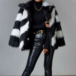 Fur Wepbel Black Faux Rabbit Fur Coat Luxury Fur Coat Artificial Fur Stitching Jackets Women Turndown Collar Coat Plush Over Coats