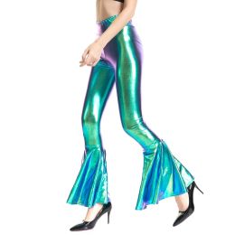 Capris Women Flare Shiny Trousers Laser Metallic Wetlook Ruffle Wide Leg Pants Retro 70s Disco Hippie Club Trousers Bell Bottoms