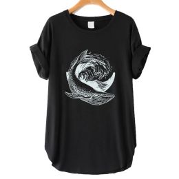 T-shirt Seeyoushy Whale Wave Print 2023 Summer Oneck Short Sleeve Women's Tshirt Side Slit Y2K Aesthetic Women's Top Harajuku Clothing