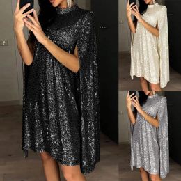 Dress Ladies Cloak Style Party Sequin Dresses Solid Color Waist High Neck Dress Mock Neck Cape Design Sequins Cloak Sleeve Dresses