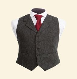 2019 Vintage Black Wool Tweed Vests Slim Mens Suit Vests Custom Made Sleeveless Suit Jacket Men Wedding Waistcoat Mens Dress Vest 3826542