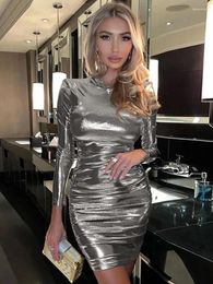 Casual Dresses 2024 Turtleneck Poly Urethane Leather Dress Long Sleeve Sexy Hip Skirt Party Mini