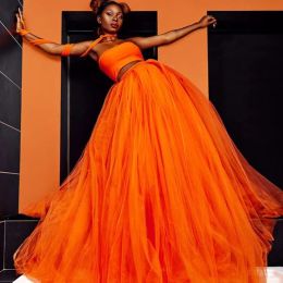 skirt Trend Hot Orange Puffy Split Long Women Tulle Skirt Lush Mesh Ball Gowns Elastic HighWaisted Skirt To Party Wedding Faldas