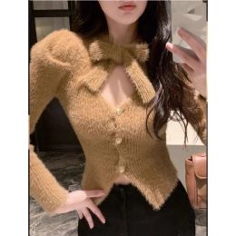 Cardigans Hot Girl Pure Sexy White VNeck Knitted Cardigan Women's Autumn and Winter Vintage Slim Fit Longsleeved Sweater Female Clothes