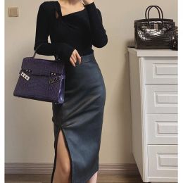 Skirt Women Sexy High Street Elastic Leather Tight Skirt Spring Female Soft Waxy Sheepskin Fish Tail Curve Slim Wrap Jupe Pencil Midi