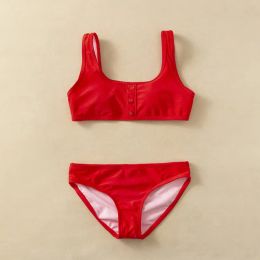 Swimwear 2022 New Suspenders Bikini Suit Twopieces Set Fashion Red Colour Swimsuits Girls Summer Beach Wear Children Bathing Suit