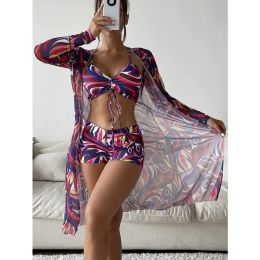Set Women's 3 Piece Swimsuit Floral Print Drawstring Ruched Halter Bikini Set Shorts Bathing Suit Kimono Cover Up Summer Beachwear