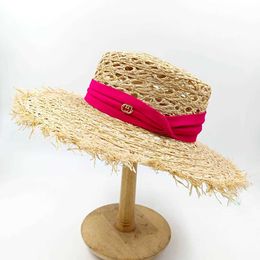 Wide Brim Hats Bucket Hats Wide Brown Flat Top Lafite Summer Straw Hat Ribbon Accessories Sun Hat Womens Full Naked Sun Hat Beach Hat J240305