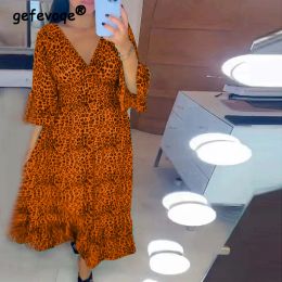 Dress Women Ruffle Vintage Leopard Print Oversized Y2K Midi Dress Fashion V Neck 3/4 Sleeve Casual Streetwear Dresses Beach Robe Femme