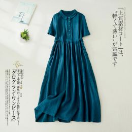 Dress Limiguyue Cotton Linen Korean Dress Women Summer Short Sleeve Long Shirt Dress Soft Blue Vintage Long Vestidos Office Lady U471