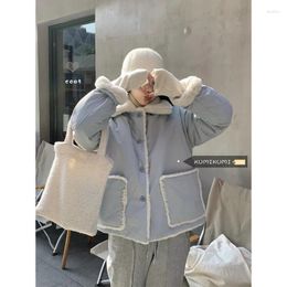 Women's Down Thickened Warm Positive And Negative Two Wearing Cotton Clothes Winter Loose Stitching Lamb Wool Pocket