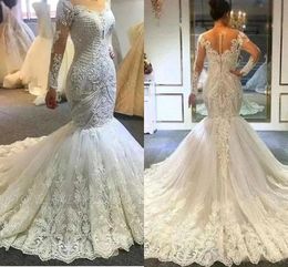 Luxuious Lace Mermaid Wedding Dresses With Beads sequins Elegant Off Shoulder Sheer Long Sleeves Appliques Bridal Gowns With Button Covered Back BC18314