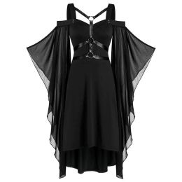 Dress Sexy Belt Cross Lace Up Patchwork Black Gothic Long Dress Plus Size Women Clothing 5xl Vintage Mesh Flare Sleeve Goth Punk Dress