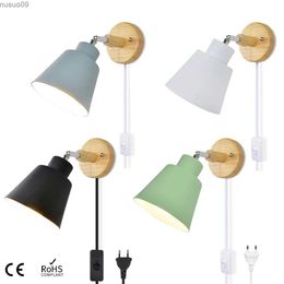 Wall Lamp Nordic Wood Wall Lamp with plug and 1.8 Metres Line Cable with Knob Switch Creative Bedside wall light EU plug wooden base