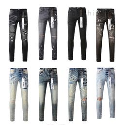 Mens Jeans Black Purple High Quality Baggy Denim Perforated Tight Slim Fit Man Wholesale Pants Rap Pattern