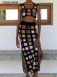 Skirt 2022 BOHO Lacing up Colored Plaid Handmade Crochet Bandage Long Skirt Side Slit Bodycon Package hips Skater Black