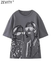 T-Shirts Zevity Women Fashion Wash Effect Cool Girls Print Grey Colour Casual T Shirt Female O Neck Short Sleeve Beading Chic Tops T4796