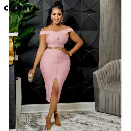 Dress CM.YAYA Off Shoulder Criss Cross Vneck High Side Split Bodycon Midi Dress for Women 2022 Sexy Party Club Backless Pink Dresses