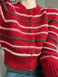 Cardigans Korejpaa Casual Striped Knitted Cardigan Women Korean Fashion Clothing Female Red Round Neck Slimming Long Sleeve Top Sweaters