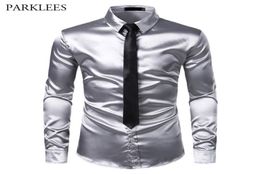 2pcs Silver Silk ShirtTie Mens Satin Smooth Tuxedo Shirts Casual Button Down Men Dress Shirts Wedding Party Prom Chemise Homme 203680619