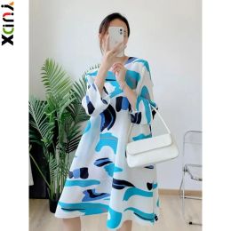 Dress YUDX Miyake Colour Block Printing Loose Dress For Women 2024 Summer Round Neck Three Quarter Sleeves Pleated Dresses Female 2024