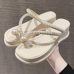 Slippers Leisure Round Toe Platform Med Heels Summer Outside Pearl Chunky Women Shoes Thick Sole Cozy Chaussures Femme