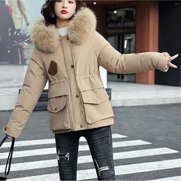 Women's Down 2024 Autumn Winter Parkas For Women Korean Style Zipper Long Sleeve Coat With Pockets Fur Hood Jackets Manteau Femme