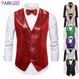 Vests Shiny Red Sequin Sparkling Dress Vests Men 2pcs Glitter Vest with Bowtie Men Wedding Stage Party Nightclub Costume Chalecos 2XL