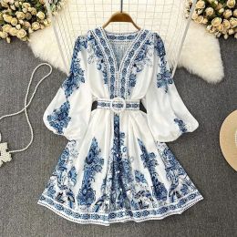 Dress Women's Fashion Autumn New Blue Print VNeck Long Sleeve Bohemian Dress Elegant Women's Belt Lantern Sleeve Holiday Vestidos