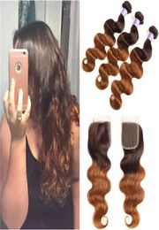 Ombre Two Tone 430 Black and Brown Human Hair Lace Closure With Weave Malaysian Body Wave Human Hair 3 Bundles with Closure9780313