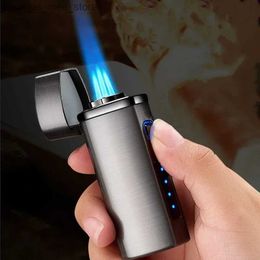 Lighters New 2024 Touch Sensing Metal Outdoor Windproof Electric USB Light Turbo Three Torch Blue Flame Jet Cigar Tool Gas Lamp for Men Q240305