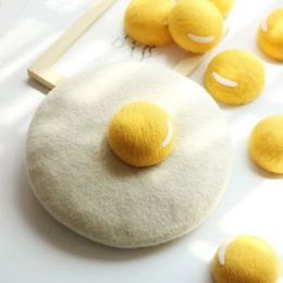 Women Kawaii Poached egg yolk Berets Girls manual Wool Felt Beanies Caps Painter hat Winter Parent-child French Hat Y200102260C