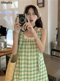 Dress Green Plaid Dress Women Sleeveless Mori Girl Style Summer Chic Ulzzang Loose Vintage Sweet Laceup Design Harajuku Vestidos OOTD