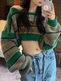 Pullovers Korean Pullover Sweather Woman Short Top Patchwork Color Strip Long Sleeve Knitted Clothes Autumn Female Casual Crop Jummper