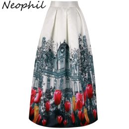 Dresses Neophil 2023 Retro Building Pleated Flower Print Maxi Long Women Skirts Muslim 100cm High Waist Ball Gown Saia Longa Jupe Ms1018