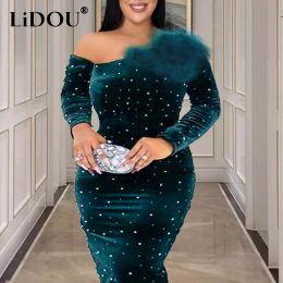 Dresses Autumn Winter Dark Green Plus Size Dress Women Long Sleeve Cold Shoulder Bodycon Sequins Veet Gowns Outfits Chic Party Dress