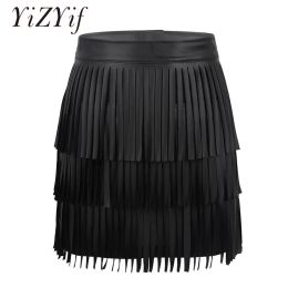 Dresses Sexy Women Tassel Mini Skirt Party Clubwear Hippie Boho Pu Leather High Waist Layered Fringe Tassel Bodycon Party Mini Skirt