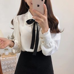 2023 s Cute Sweet Girls Vintage Black White LaceUp Ruffled Ribbon Tops Button Elegant Formal Shirts Blouses 240301