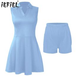 Dress Womens Tennis Golf Athletic Dress with Shorts Collar V Neck Sleeveless Pocket Above Knee Length Dress Shirt Gymnastic Sportswear