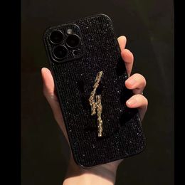 iPhone 15 Pro Max Designer Glitter Phone Case for Apple 14 Plus 13 12 11 Luxury Bling Diamond Studded Bumper Protective Lens Film Hardware Back Cover Coque Fundas Black