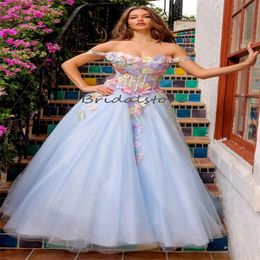 Princess Colourful Flower Prom Dress 2024 Off Shoulders Fairy A Line Tulle Evening Dresses Elegant Lace Up Formal Occasion Party Gown Blue Reception Engagement Dress