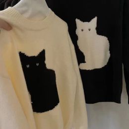 Pullovers Cute cartoon cat sweater top for women Korean version loose and lazy style round neck pullover long sleeved knit shirt for women