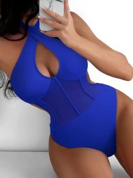 Swimwear 2023 Contrast Mesh Cut Out Halter Swimsuit One Piece Solid Swimwear Women Push Up Bathing Swimming Swim Suit Female Beach Wear