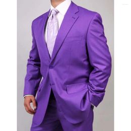 Men's Suits Fashion Clothing Solid Color Notch Lapel Two Button Linen Male Suit Slim Fit Business Casual Wedding Tuxedo Purple 2 Piece